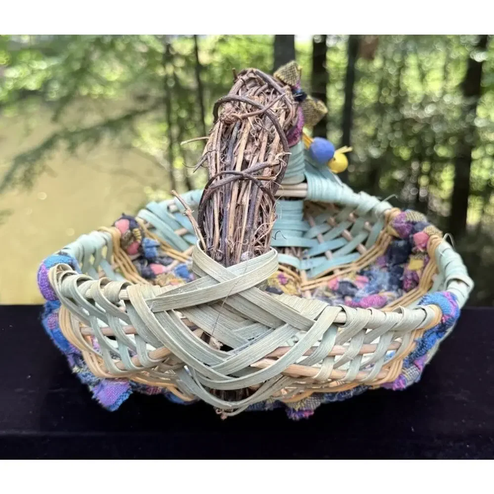 Vintage Woven African Egg Basket Super Colorful With Rag Bead Accents